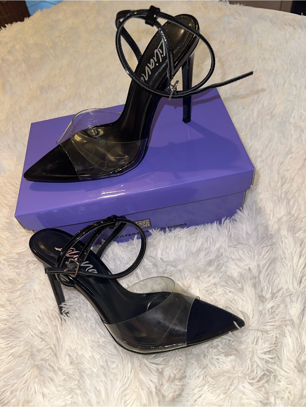 Clear Black Pointed Toe Stiletto Heels with Ankle Straps